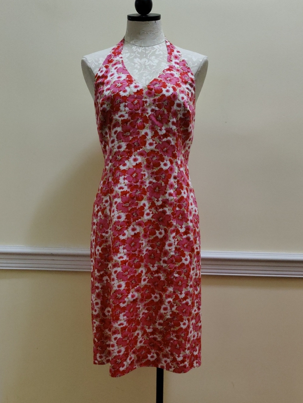New Ann Taylor Pink Floral Hibiscus Halter Backless Dress, Size 8